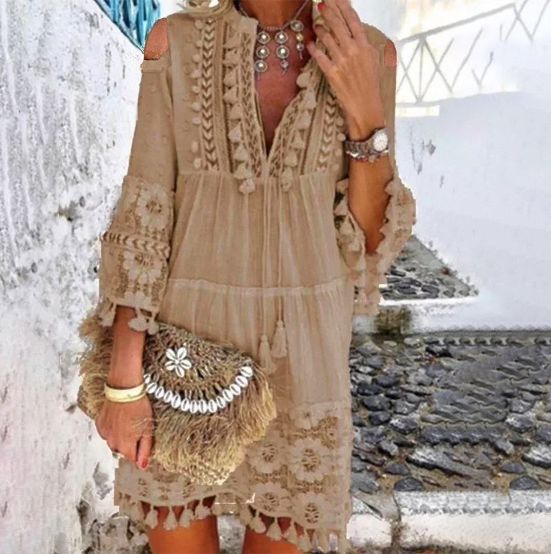 Casual Dresses Summer Tassel Boho Dress Women V Neck Seven Sleeve Loose Fit Beach Wear Femme Holiday Bohemian Chic Short Dresses 230316
