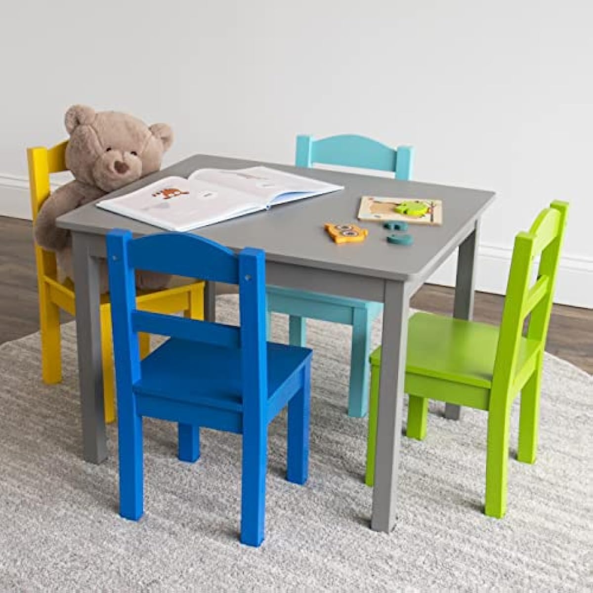Humble Crew Grey/Blue/Green Yellow Kids Wood Table and 4 Chairs Set carp fishing chair
