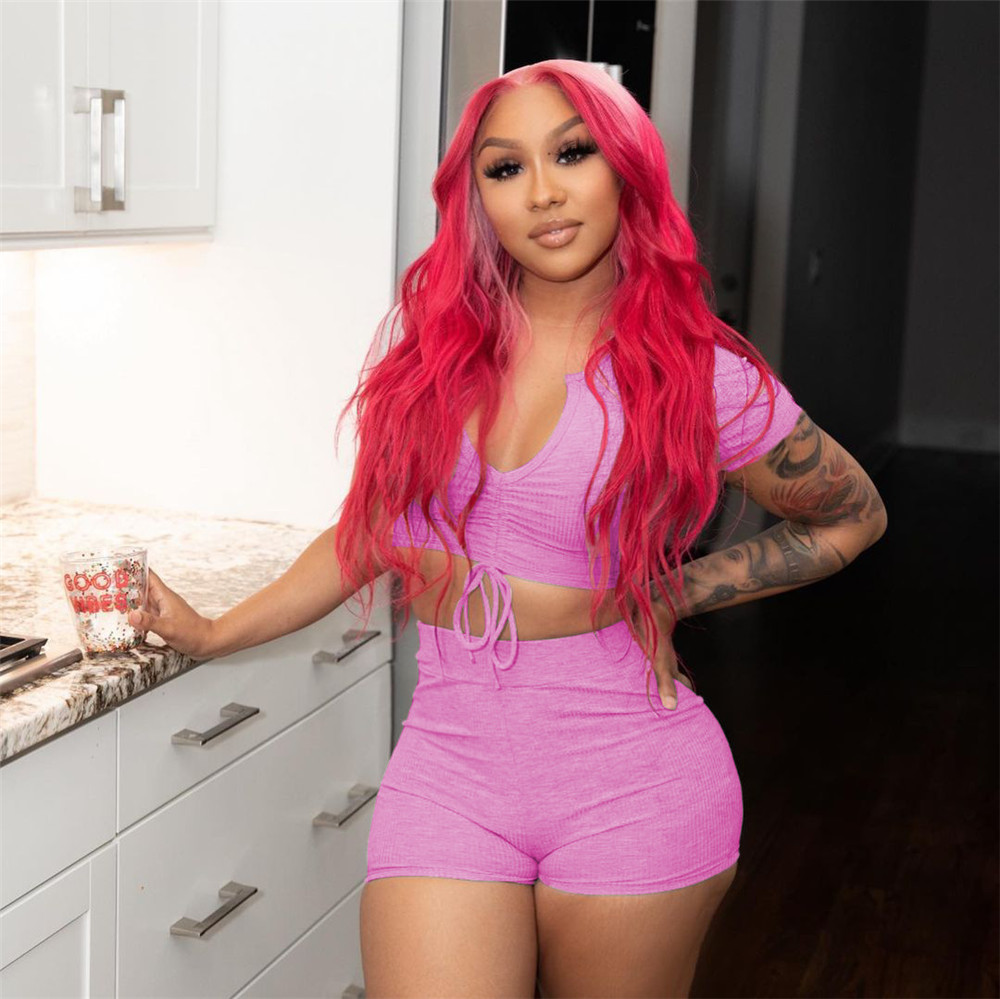 Bulk Wholesale Women's Tracksuits Solid Pit Shorts Set Women Half Open Collar Drawstring Shirt Crop Tops Shorts Outfits Activewear Suit 9474