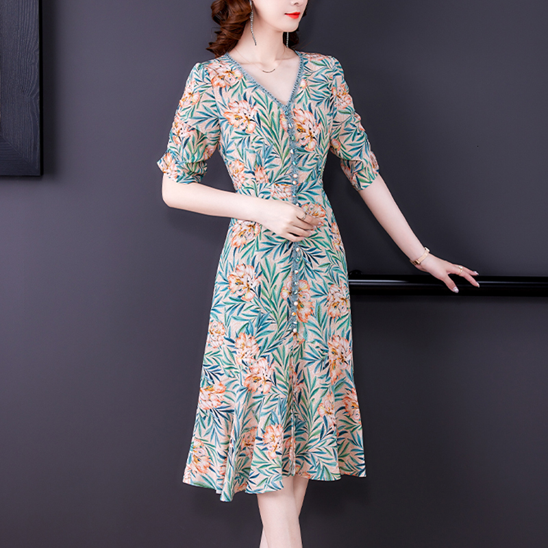 Casual Dresses Vintage Casual Print Chiffon Beach Dress Summer Red Floral Natural Silk Midi Dresses Women Elegant Bodycon Party Vestidos 230316