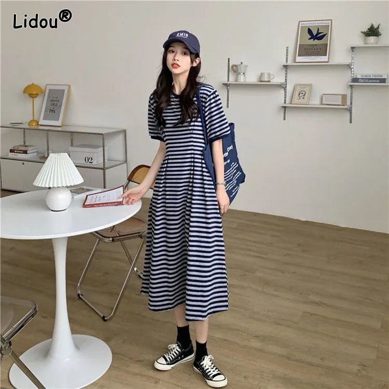 Casual Dresses Striped O-neck Dresses Empire Brocade Pullover Casual Women's Clothing Summer Trend All-match Comfortable Slim Fit 230316