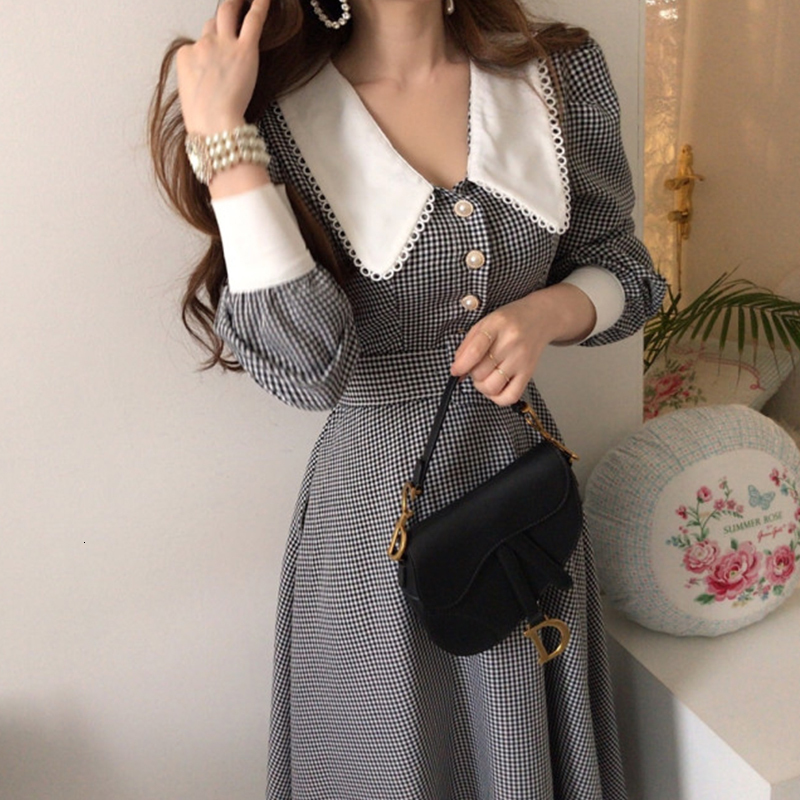 Casual Dresses Korean Chic Temperament Single-breasted Lapel Plaid Dress Sashes Slim High Waist Puff Long Sleeve Vestido Feminino Elegant Fall 230316