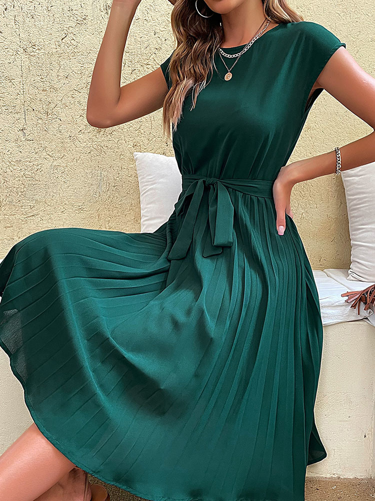 Casual Dresses JIM NORA Elegant Women Summer Casual Beach Sundress Short Sleeve Pleated Midi Dress Soild Colour O Neck Tunic Dresses Fashion 230316