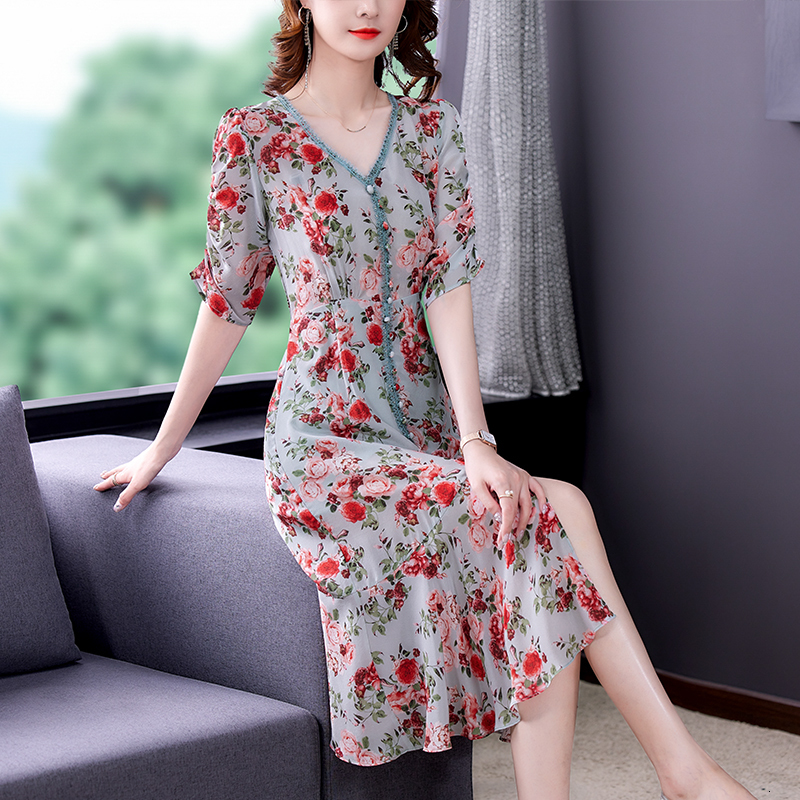 Casual Dresses Vintage Casual Print Chiffon Beach Dress Summer Red Floral Natural Silk Midi Dresses Women Elegant Bodycon Party Vestidos 230316
