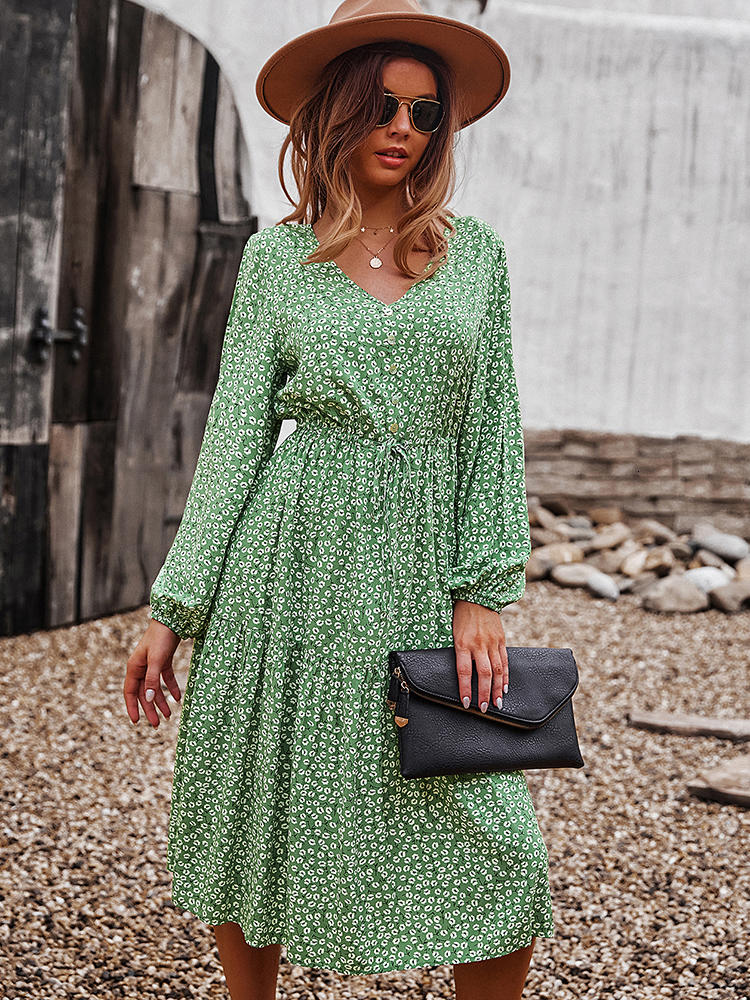 Casual Dresses Elegant Autumn Winter Ladies Floral Print Long Chic Dress Women Casual Holiday Style Lace Up Full Sleeve Button Dress 230316