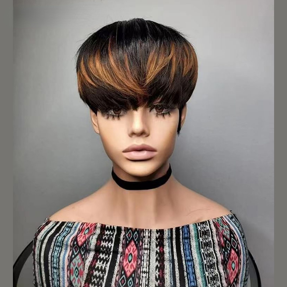 Short Black Pixie Cut Human Wigs Women Colored Lace Cheap Blonde 613 Ombre Brown Brazilian Remy Hair Wig With Bangs