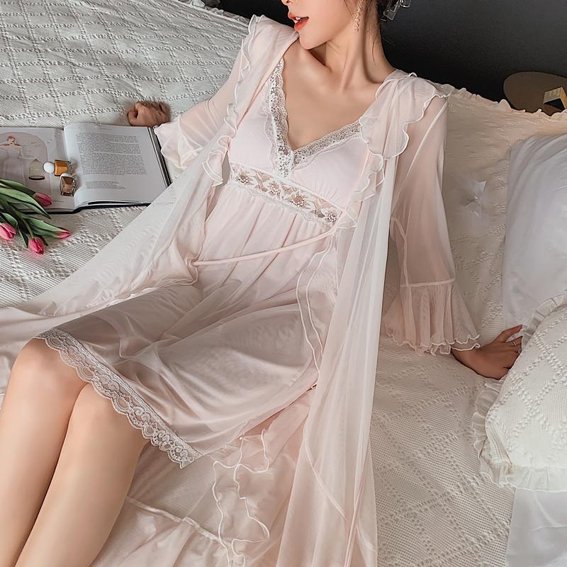 Women's Sleepwear Bride Mesh Women 2PCS Robe Set Kimono Bathrobe Gown Sexy Lace Patchwork Nightgown Nightdress With Pads Nightwear, Pink
Women's Sleepwear Bride Mesh Women 2PCS Robe Set Kimono Bathrobe Gown Sexy Lace Patchwork Nightgown Nightdress With Pads Nightwear, Pink