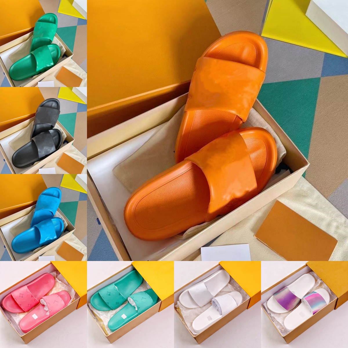 New Slippers Designer womens Rubber Slide Waterfront Embossed Mule Fashion Women Slides Flat Comfort with OG Box luxury Summer sandals Luxury men Beach sandal, Colour# 7
New Slippers Designer womens Rubber Slide Waterfront Embossed Mule Fashion Women Slides Flat Comfort with OG Box luxury Summer sandals Luxury men Beach sandal, Colour# 7