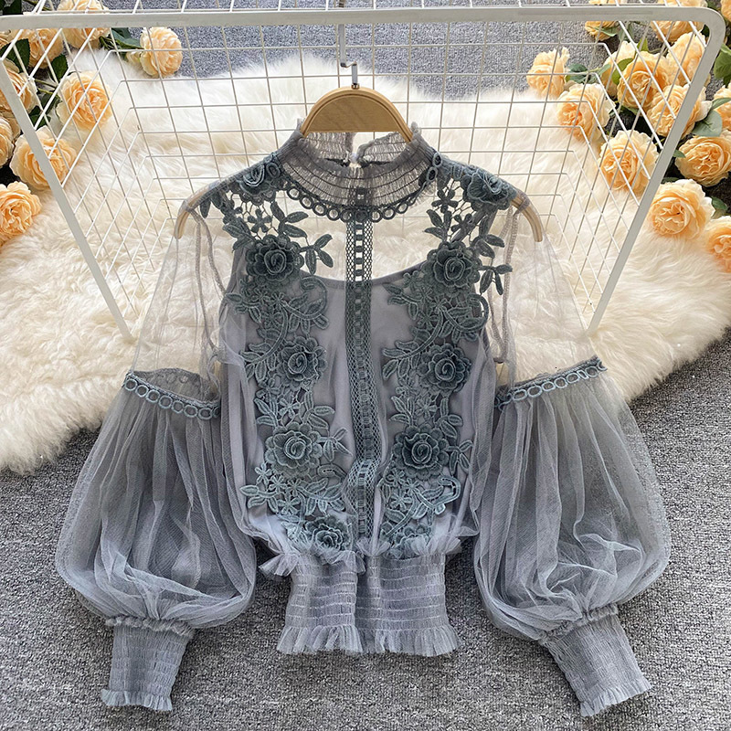 Women's Blouses Shirts lace puff long sleeve blouse vintage fashion blouses elegant femme blusas korean woman tops women shirts clothing drop 230