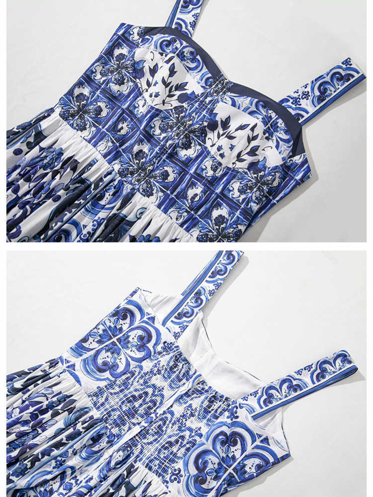 Casual Dresses Summer Hoiday Blue And White Porcelain Flower Printing Cotton Dress Women Spaghetti Strap Zipper Elastic Backless Midi Vestidos W0315