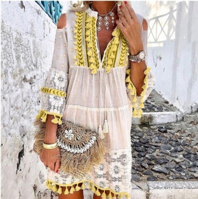 Casual Dresses Summer Tassel Boho Dress Women V Neck Seven Sleeve Loose Fit Beach Wear Femme Holiday Bohemian Chic Short Dresses 230316