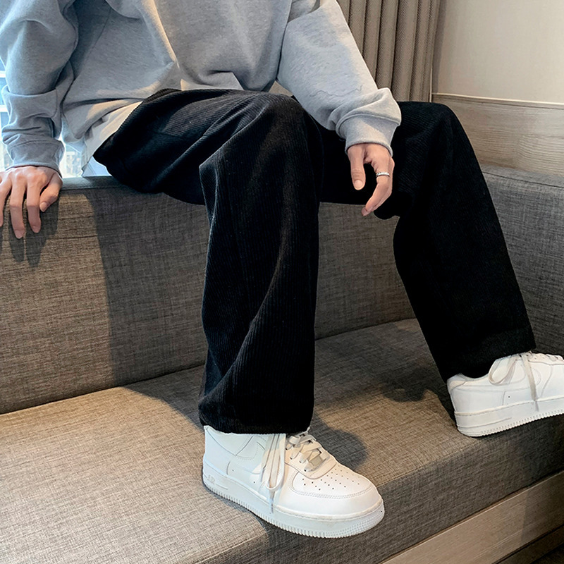 Men's Pants Casual Pants Men Corduroy Chic Ins Fashion Korean Straight High Waist Streetwear All-match Student Loose Harajuku Black Soft 230316