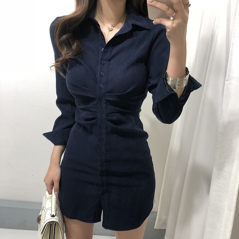 Casual Dresses Slim OL Retro All-match Temperament Pink Lapel Single Breasted Wrap Hip Dress Mini Slim High Waist Solid Vestido Mujer Shirts 230316