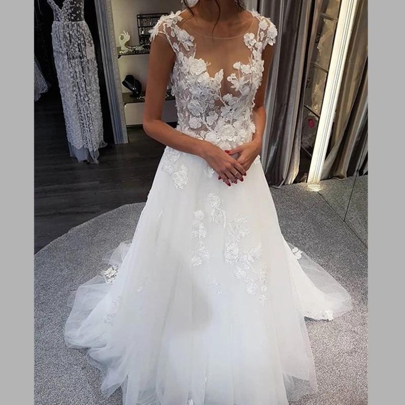 Sheer Neck A Line Wedding Dresses Lace Floor Length Custom Made Tulle Skirt Beach Wedding Bridal Gowns, Ivory
Sheer Neck A Line Wedding Dresses Lace Floor Length Custom Made Tulle Skirt Beach Wedding Bridal Gowns, Ivory