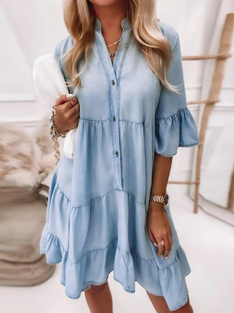 Casual Dresses Spring Summer Light Blue Long Sleeve Shirt Dress Office Ladies Button Ruffles Solid Dress Casual Loose Streetwear Dresses 230316