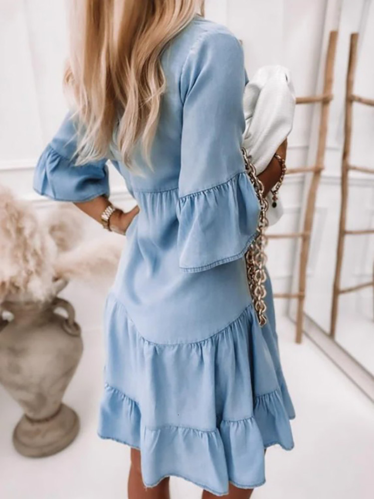 Casual Dresses Spring Summer Light Blue Long Sleeve Shirt Dress Office Ladies Button Ruffles Solid Dress Casual Loose Streetwear Dresses 230316