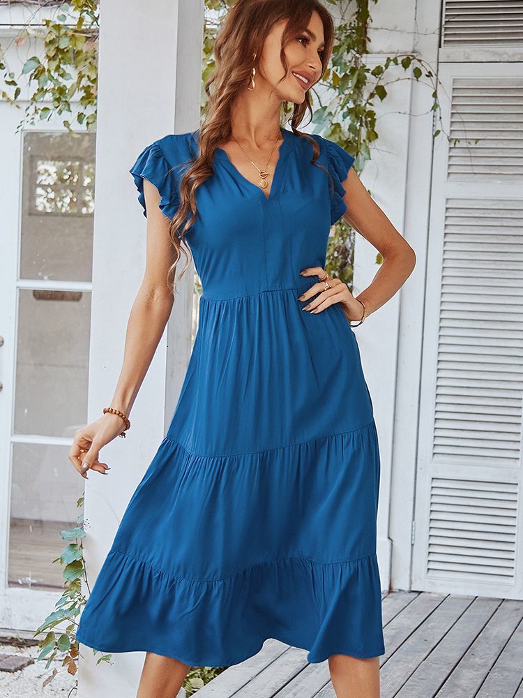 Casual Dresses Ladies Vintage Fashion Solid Long Dress Women Casual Slim Ruffles Office Lady Summer Women Dress Female Robe Vestidos De Mujer 230316