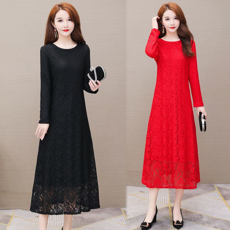 Casual Dresses Spring and Autumn Long-Sleeved Lace Dress Large Size Dress Midi A- Line Dress Woman Dress Vestido De Mujer Femme Robe 230316