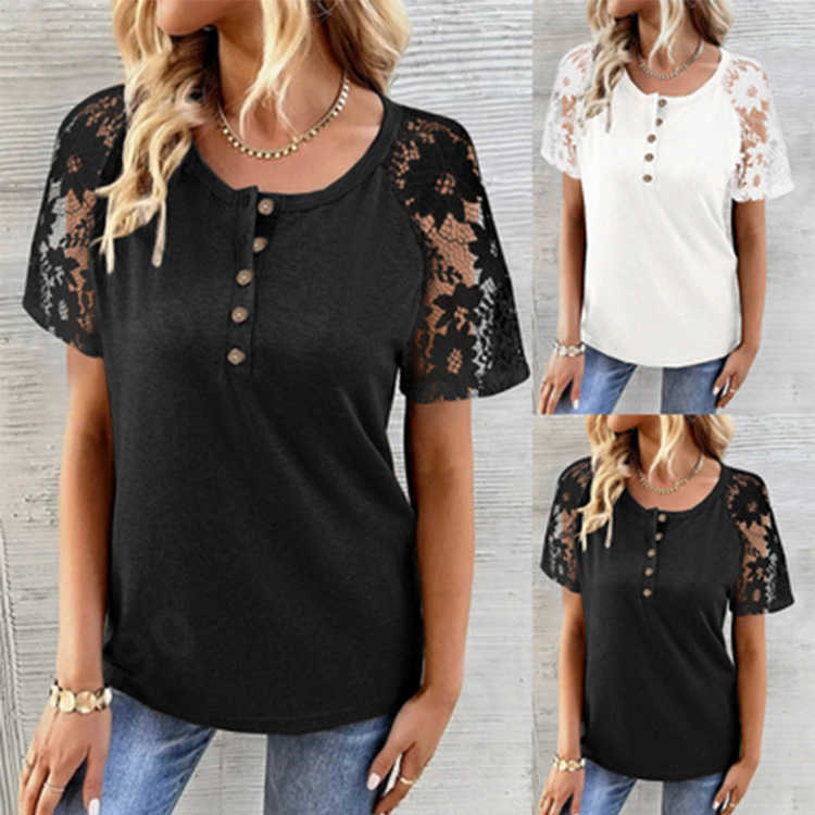 2023 Spring and Summer New Fashion Women' Loukong Lace Splice Short Sleeve Top T-shirt, White
2023 Spring and Summer New Fashion Women' Loukong Lace Splice Short Sleeve Top T-shirt, White
