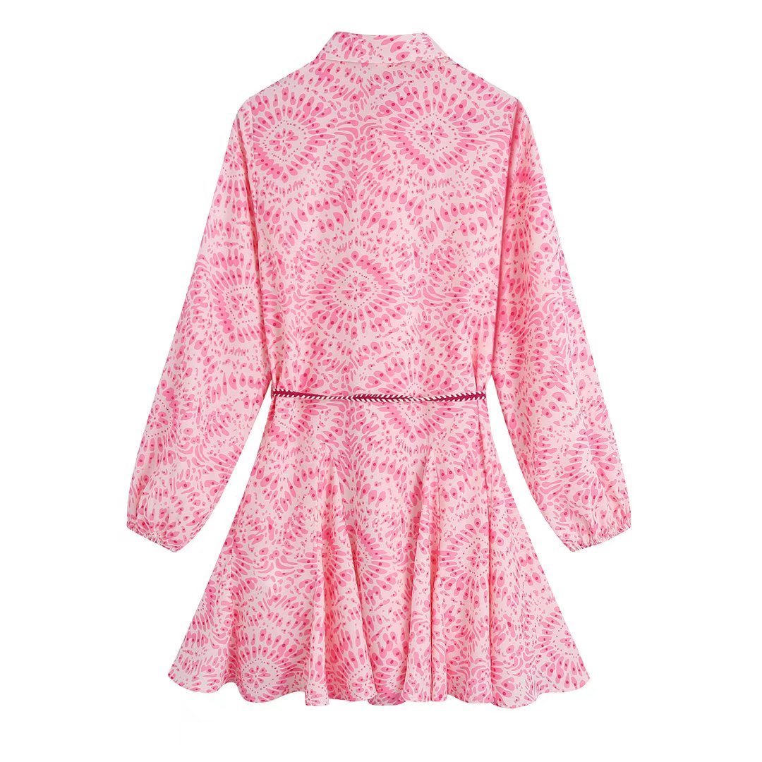 Casual Dresses Zevity Women Sweet Totem Floral Print Big Swing Mini Shirt Dress Female Chic Lantern Sleeve Casual Slim Lace Up Vestidos DS892 230316