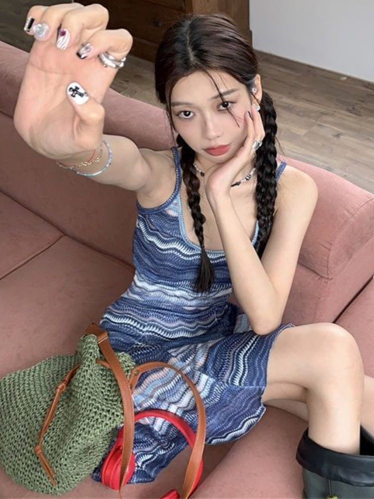 Casual Dresses Vintage Striped Dresses Women Summer Y2k Chic Mini Casual sweet Girls Punk Kpop Streetwear Spaghetti Strap Vestido Sexy Mujer 230316