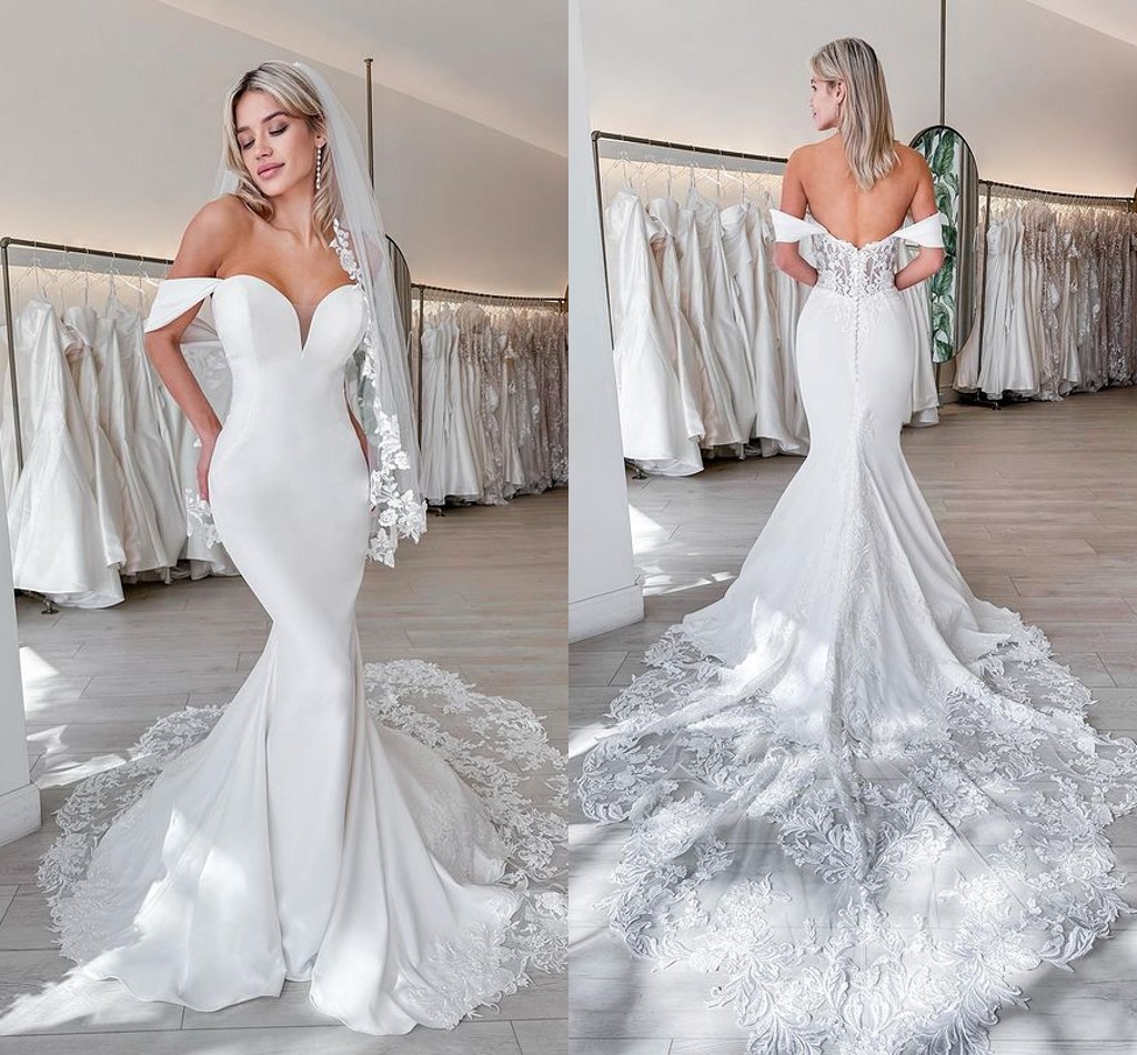 Stunning Mermaid Wedding Dresses Plus Size for Bride Off Shoulder Sweetheart Lace Applique Satin Sweep Train Beach Country Garden Bridal Gown vestido de novia, Grape
Stunning Mermaid Wedding Dresses Plus Size for Bride Off Shoulder Sweetheart Lace Applique Satin Sweep Train Beach Country Garden Bridal Gown vestido de novia, Grape