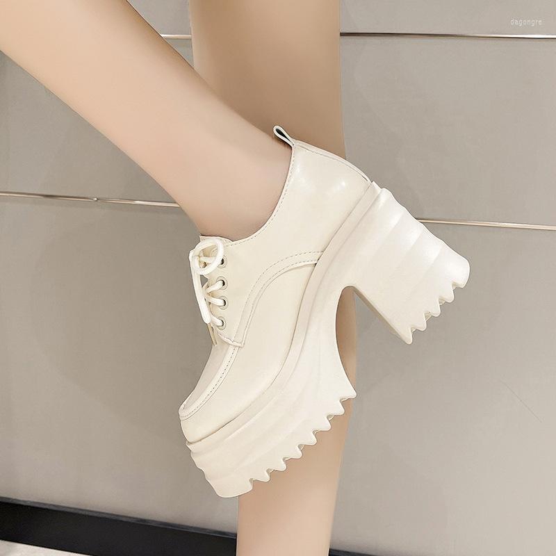 Dress Shoes Women Platform Square HeeLeather L Lace Up Oxford Party Role Play Uniform Fashion High Heels, Black