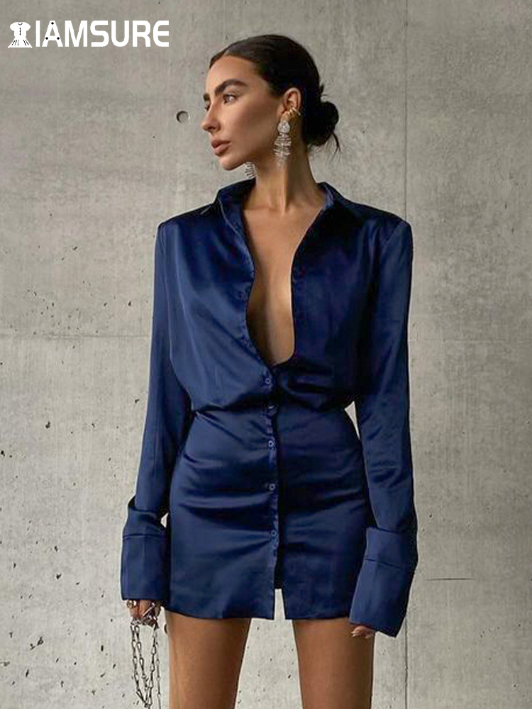 Casual Dresses IAMSURE Solid Satin Shirt Dress Elegant Fashion Office Ladies Turn-Down Collar Long Sleeve Mini Dresses For Women Autumn 230316