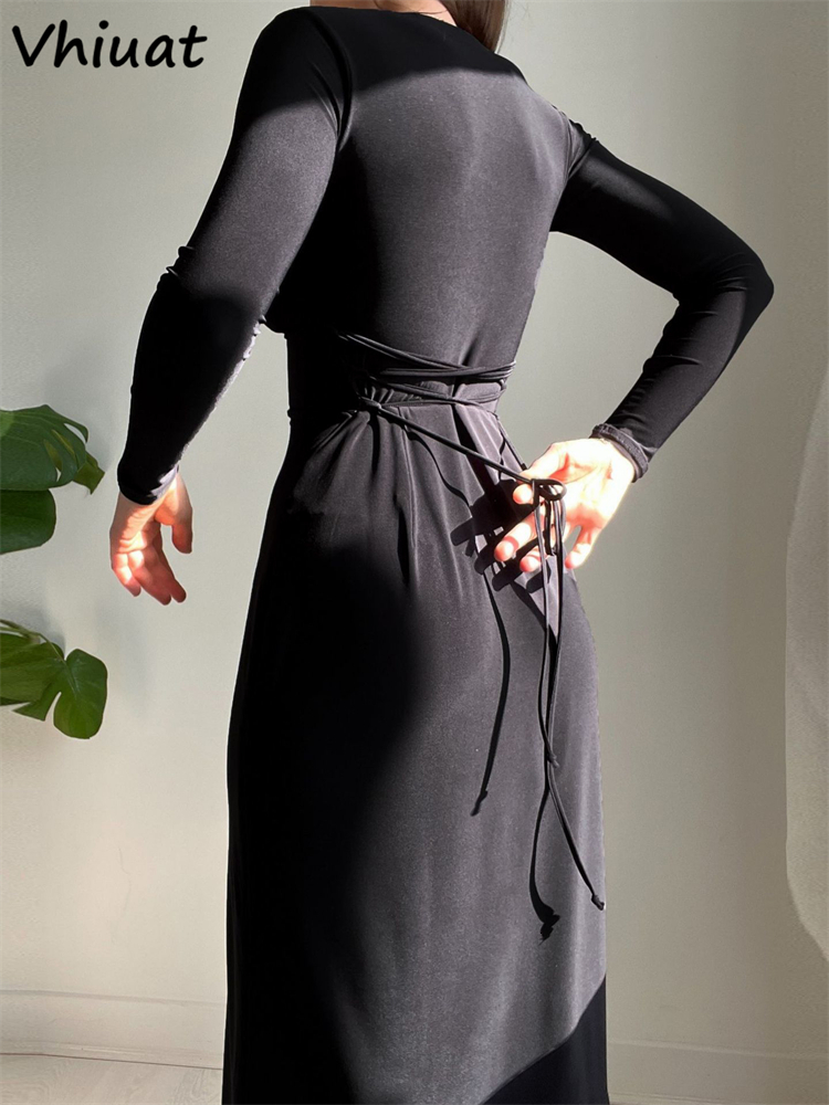 Casual Dresses Vhiuat Women Casual Long Sleeve V Neck Bodycon Midi Dresses Office Ladies Black Elegant Autumn Winter Dress Party Club Evening 230316