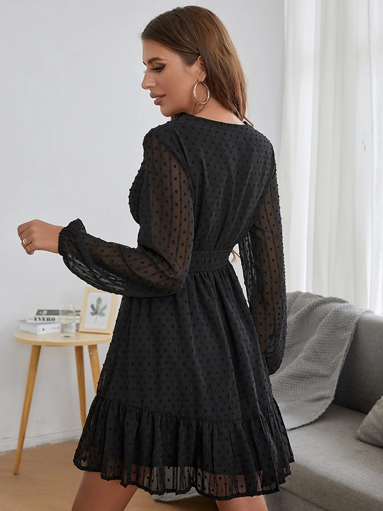 Casual Dresses Sexy Chiffon Mesh Long Sleeve Dress Women Casual White Ruffle Party Dresses Elegant Solid V Neck Mini Dress Spring Summer 230316