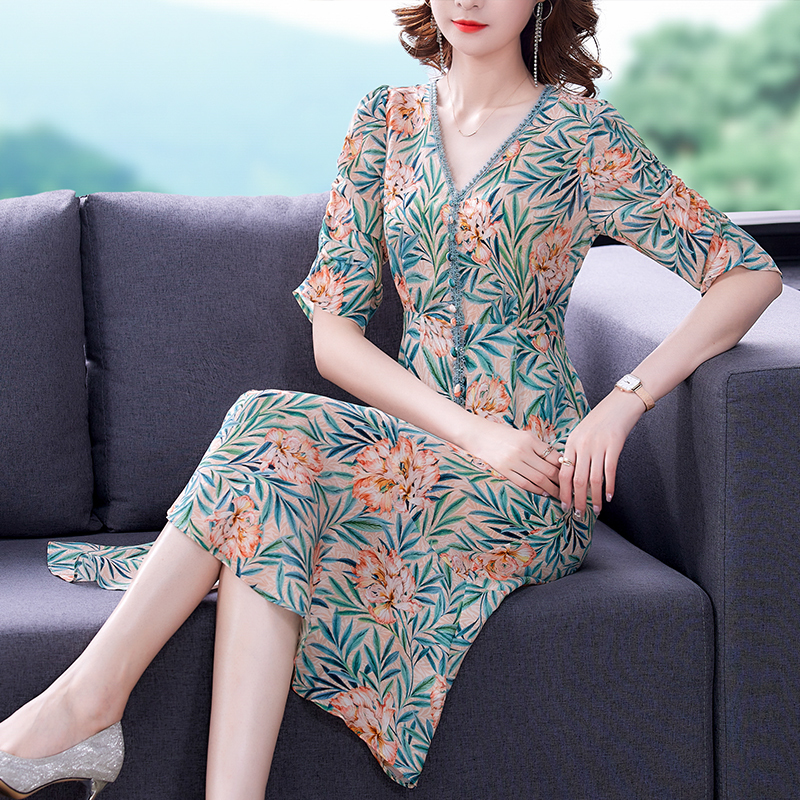 Casual Dresses Vintage Casual Print Chiffon Beach Dress Summer Red Floral Natural Silk Midi Dresses Women Elegant Bodycon Party Vestidos 230316