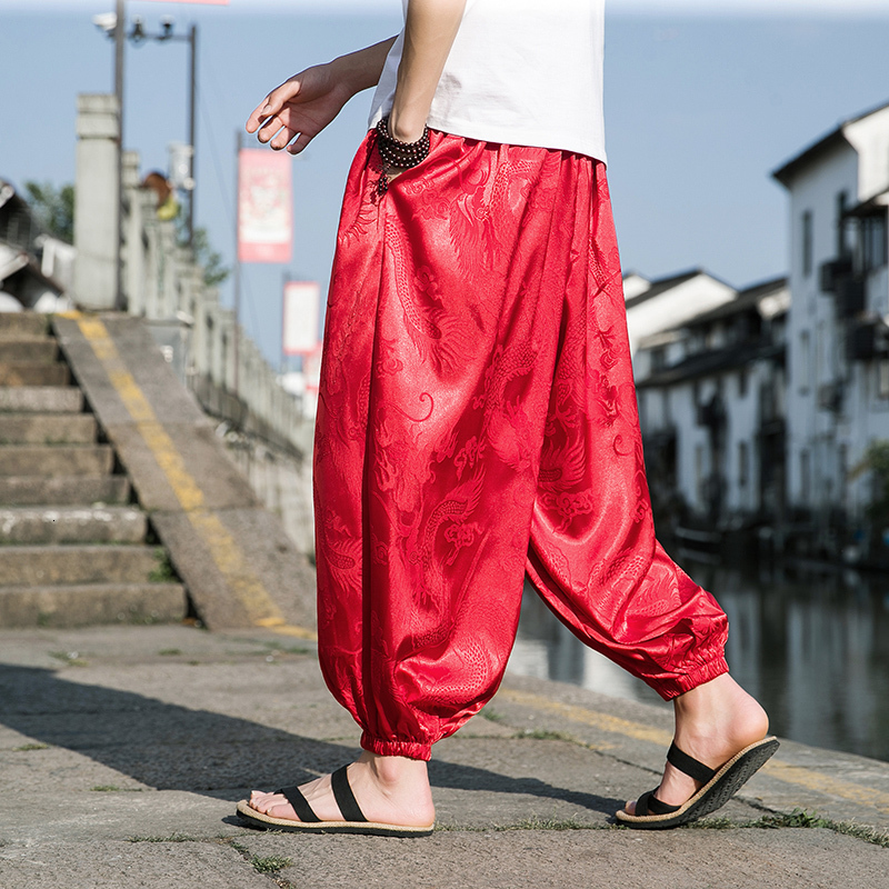Men's Pants Ice Silk Dragon Pattern Dark Flower Men's Beach Bloomers Retro Casual Wide-leg Pants Harajuku Fashion Hip-hop Jogging Pants 2303