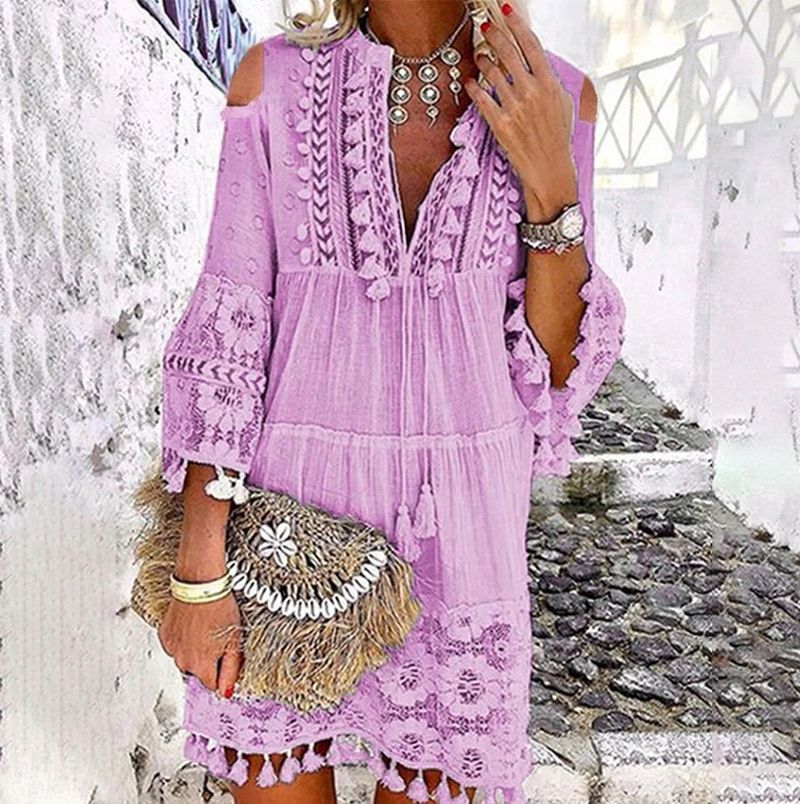 Casual Dresses Summer Tassel Boho Dress Women V Neck Seven Sleeve Loose Fit Beach Wear Femme Holiday Bohemian Chic Short Dresses 230316