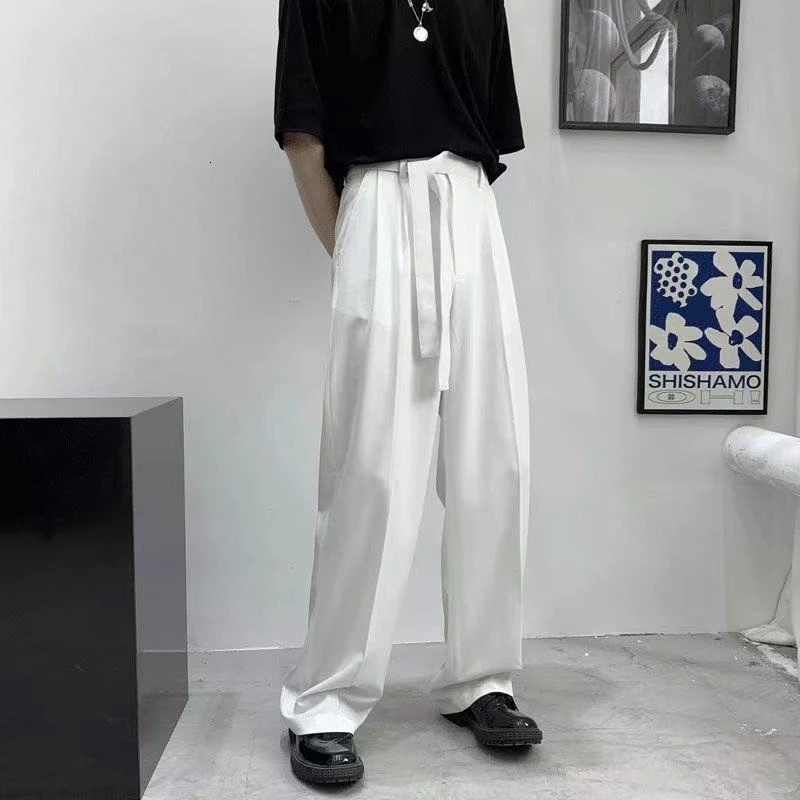 Men's Pants Harajuku Fashion Men's Pants Casual Wide leg Oversize Pants With Belt Korean Style Streetwear Trousers For Men Soild Color White