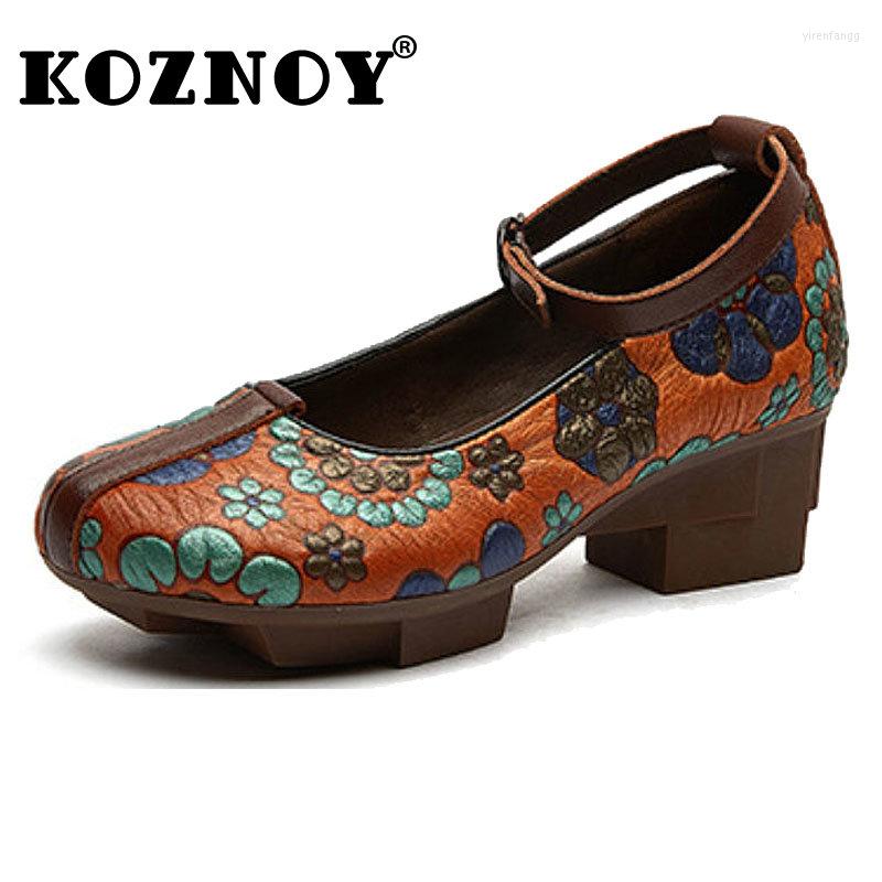 

Dress Shoes Koznoy Orange Heels Pumps With Buckle Women's 5cm Embossed Flower Genuine Leather Summer Print Females, Black