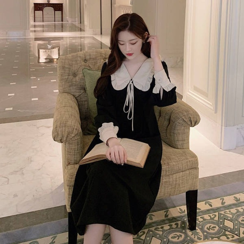 Casual Dresses Black Sailor Collar Button Lace Stitching Casual Dress Women Shirt Long Sleeve Midi Dress Ladies High Waist Slim Elegant Dress 230316