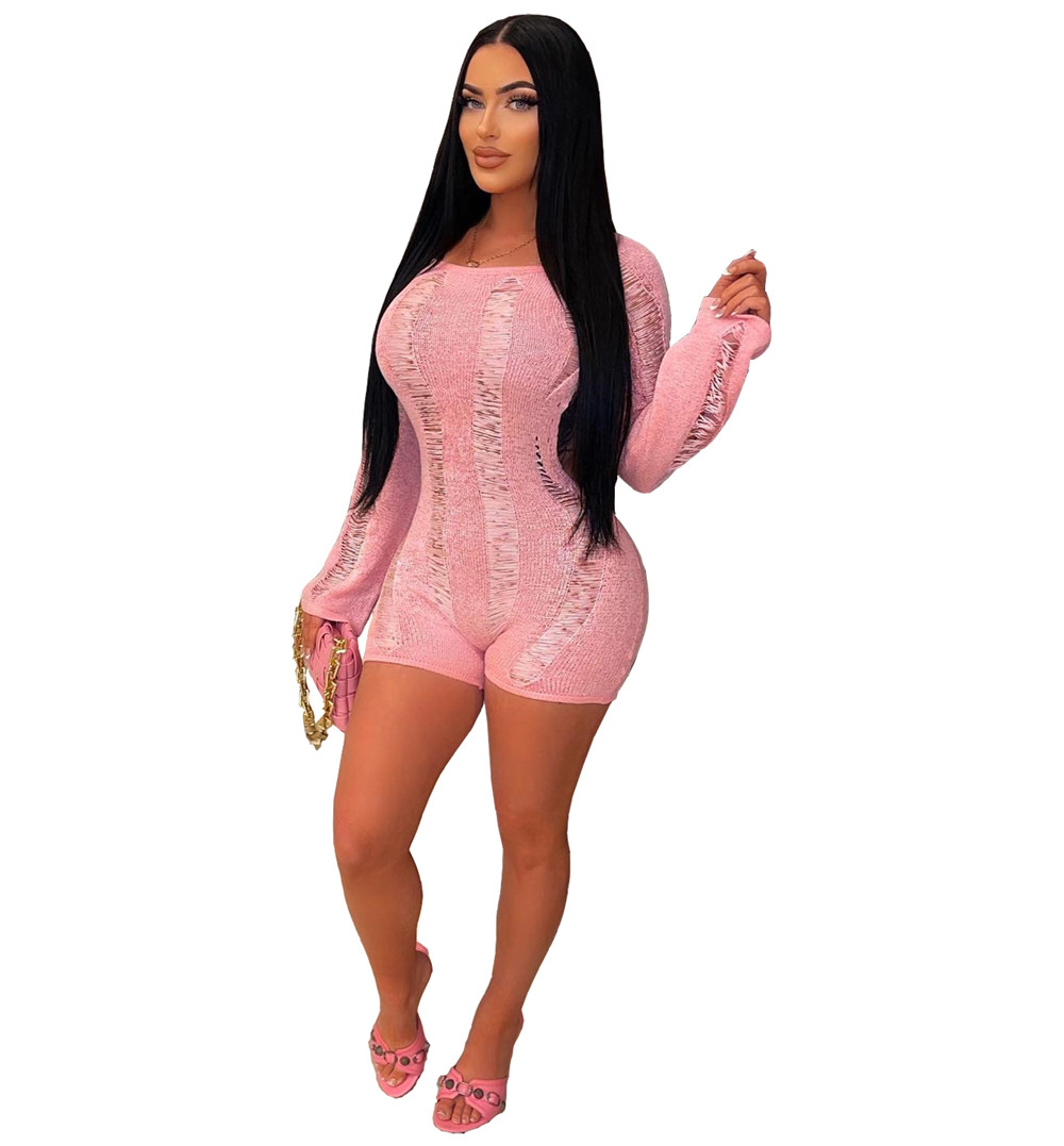 Wholesale Sexy Backless Knitted Short Jumpsuit Long Sleeve See Throught Rompers Night Club Outfits Women Clothing 9472