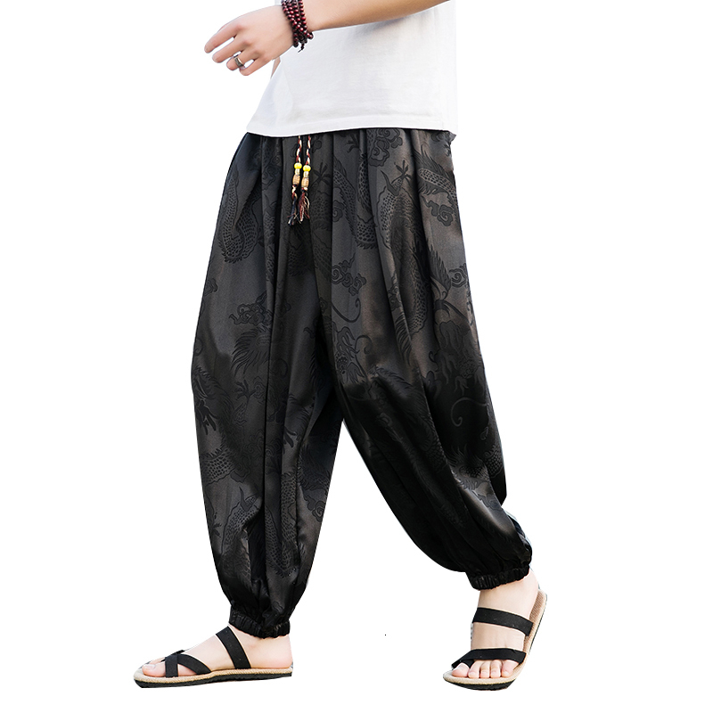 Men's Pants Ice Silk Dragon Pattern Dark Flower Men's Beach Bloomers Retro Casual Wide-leg Pants Harajuku Fashion Hip-hop Jogging Pants 2303