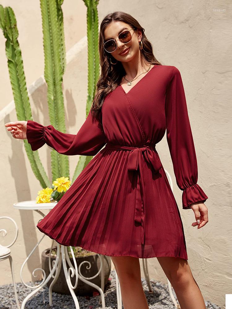 Casual Dresses Autumn Ladies Fashion Pleated Mini Dress Slim V-Neck Long Sleeve Sexy Elegant Evening Vestidos Birthday For Women, Auburn 
Casual Dresses Autumn Ladies Fashion Pleated Mini Dress Slim V-Neck Long Sleeve Sexy Elegant Evening Vestidos Birthday For Women, Auburn