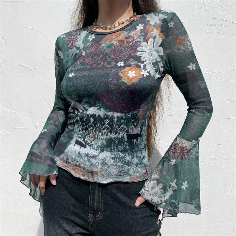 Women' Blouses Patchwork Mesh Vintage Graphic T Shirts Women Split Flare Sleeve Green Grunge Tee Shirt Femme Fashion Autumn 2023
Women' Blouses Patchwork Mesh Vintage Graphic T Shirts Women Split Flare Sleeve Green Grunge Tee Shirt Femme Fashion Autumn 2023