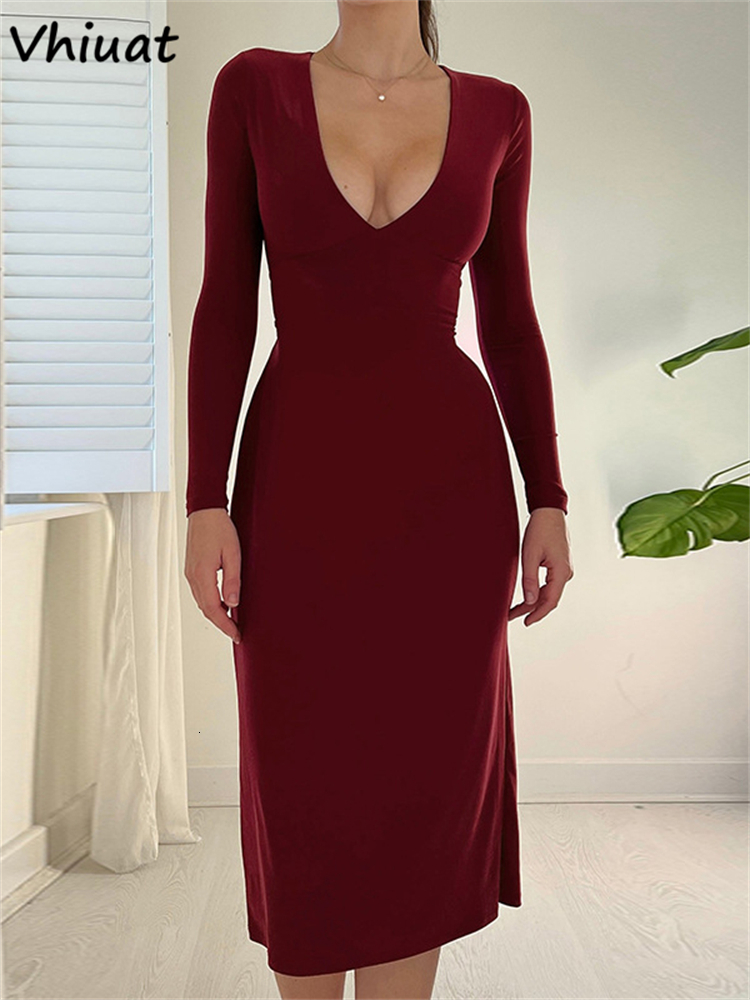 Casual Dresses Vhiuat Women Casual Long Sleeve V Neck Bodycon Midi Dresses Office Ladies Black Elegant Autumn Winter Dress Party Club Evening 230316