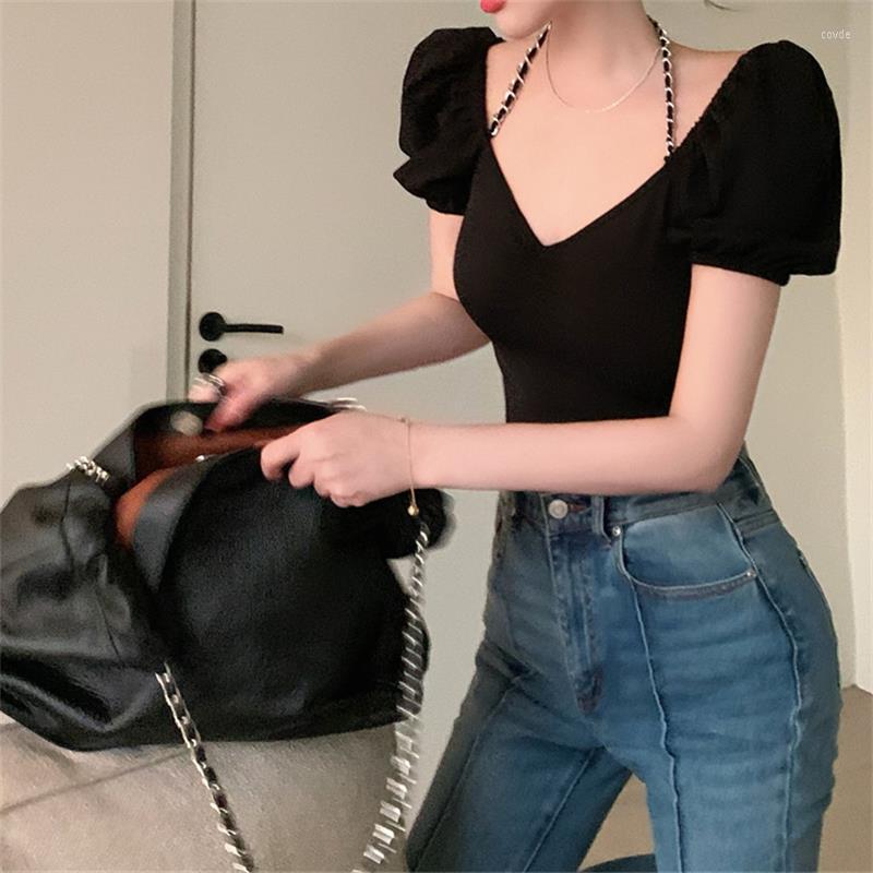 Women' T Shirts Ladies Summer T-Shirt Girl Sexy Backless Chain Black Short Sleeve Style V-neck Pleated Top
Women' T Shirts Ladies Summer T-Shirt Girl Sexy Backless Chain Black Short Sleeve Style V-neck Pleated Top