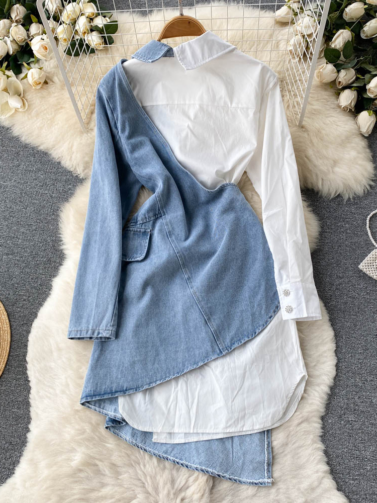Casual Dresses XFPV Women's Irregular Long Sleeved Stitching Denim Temperament Dress Female Temperament Sweet Korea Chic Summer SM3272 230316
