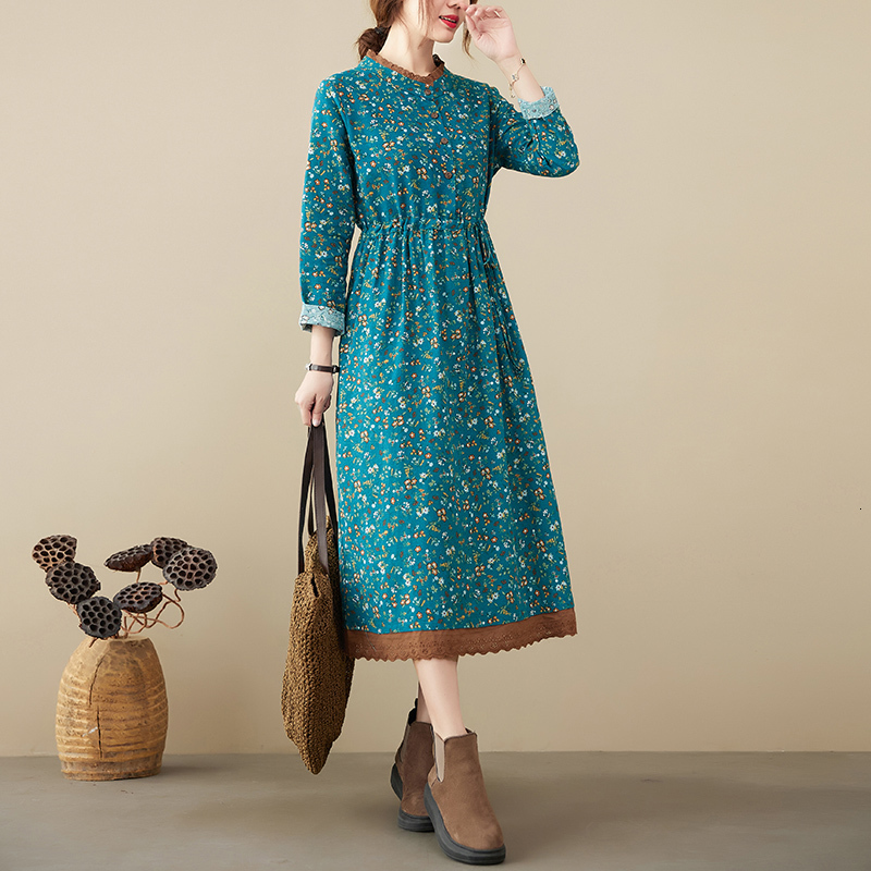 Casual Dresses Cotton Linen Vintage Floral Print Dresses For Women Spring Autumn Long Sleeve Fashion Dress Elegant Vestidos Robe Femme 230316