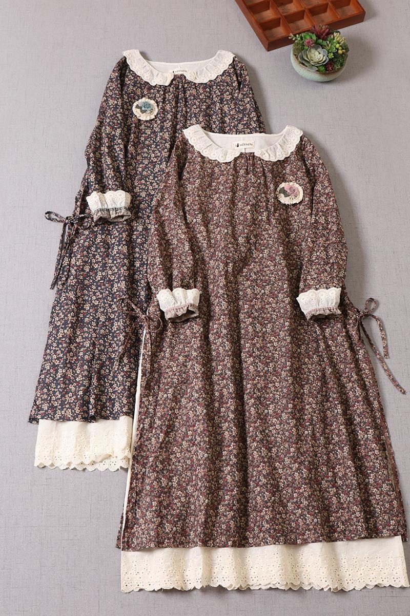 Casual Dresses Japanese Female Literary Printed Cotton Long Sleeve Dress Embroidery Autumn Midi Dress 230316