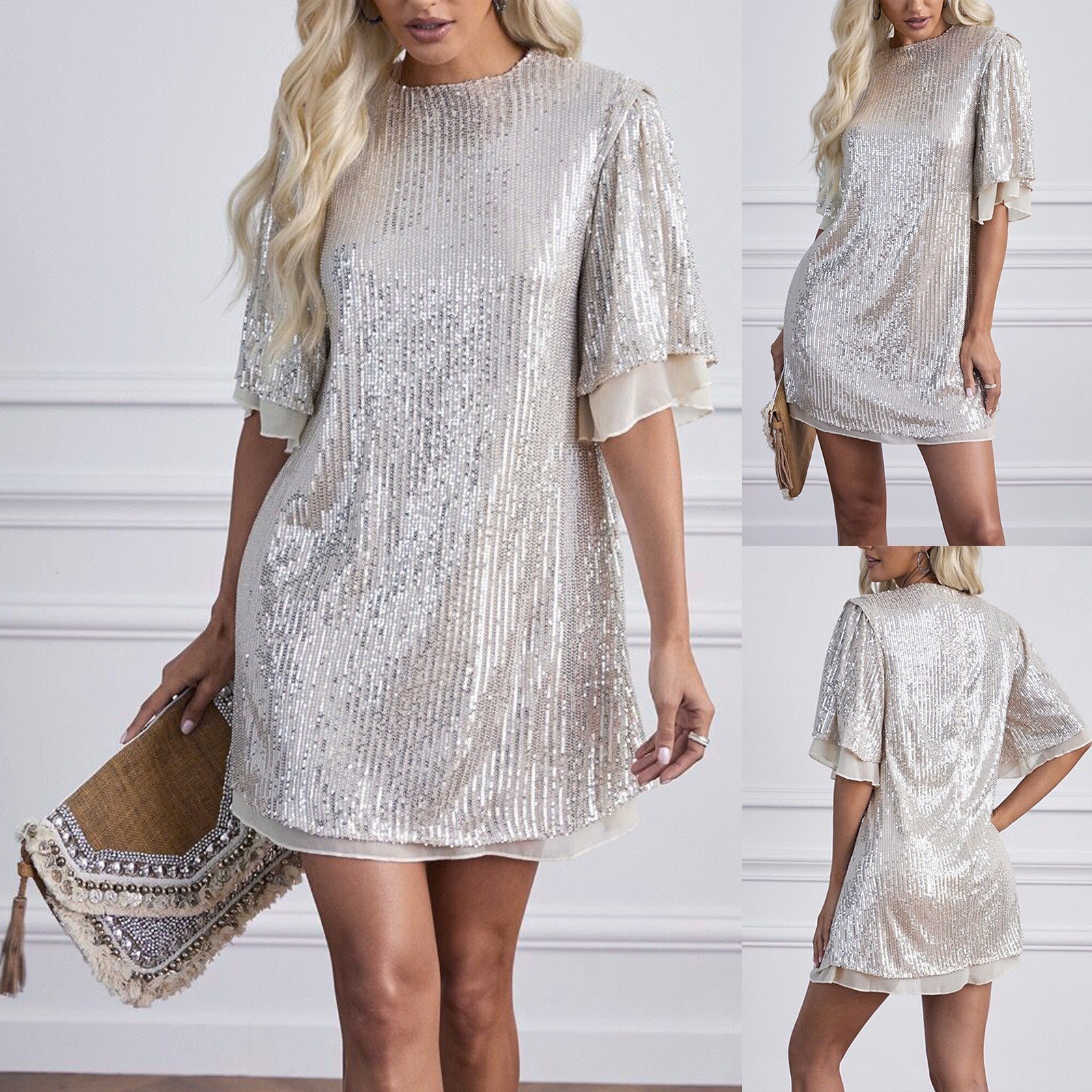 Casual Dresses Summer Women Sexy Sequin Dress Short Sleeve Glitter Loose A Line Dress Female Elegant Sparking Party Club Dress Vestidos 230316