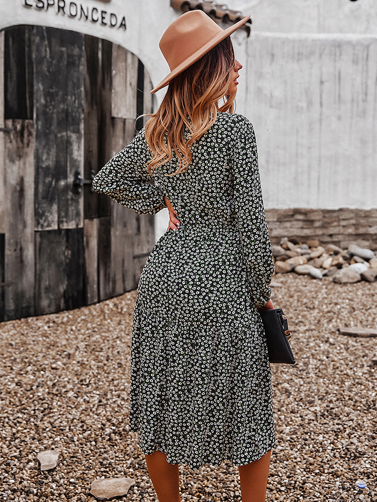 Casual Dresses Elegant Autumn Winter Ladies Floral Print Long Chic Dress Women Casual Holiday Style Lace Up Full Sleeve Button Dress 230316