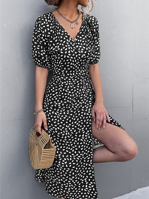 Casual Dresses Summer Wrap Dresses for Woman Short Sleeve V Neck Chiffon Dress Polka Dot Casual Fashion Streetwear Female Elegant Midi Dress 230316