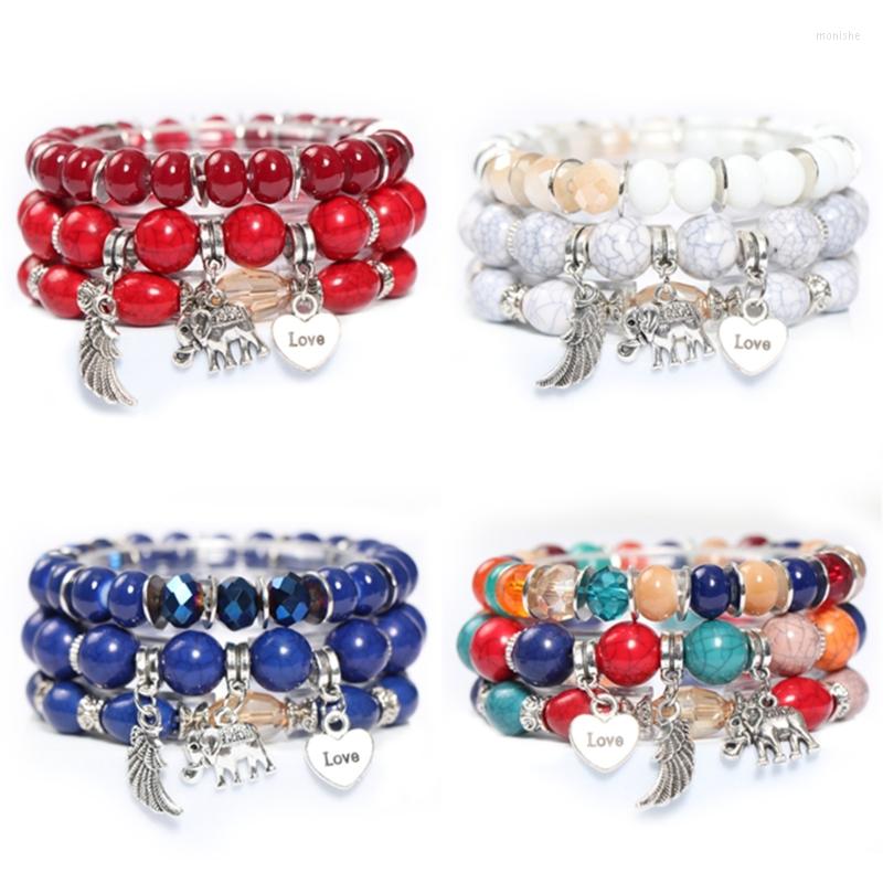 Bangle F19D Layered Stackable Bracelet Heart Elephant Wing Tassel Cracked Beads