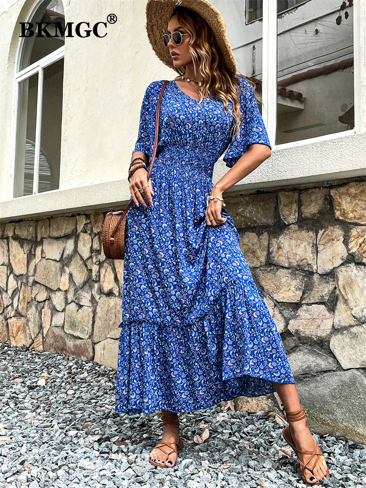 Casual Dresses BKMGC Blue Mint Green Loose Short Sleeve Middle Waist V-neck A-line Flower Print Elegant Women Long Summer Dress 2857 230316